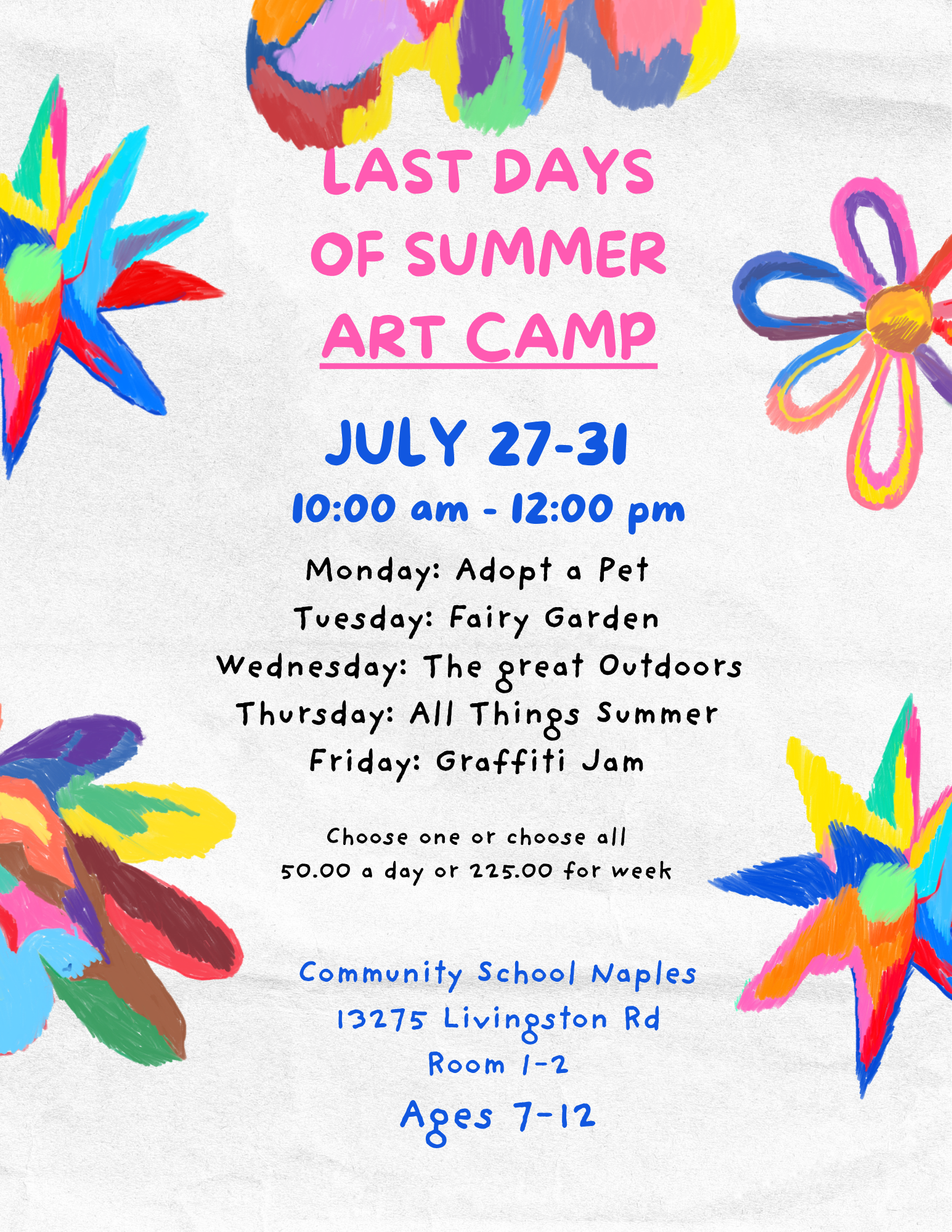 Art Camp Flyer — July 27–31, 10am–12pm